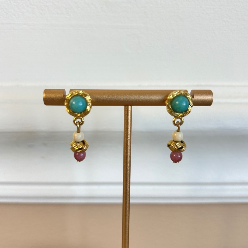 Vintage Liz Claiborne Collection Gold Tone Turquoise Pink Pearl Drop Earrings